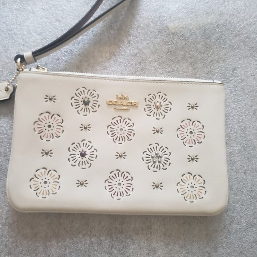 Coach White Leather Wristlet with Cut Out Tea Rose